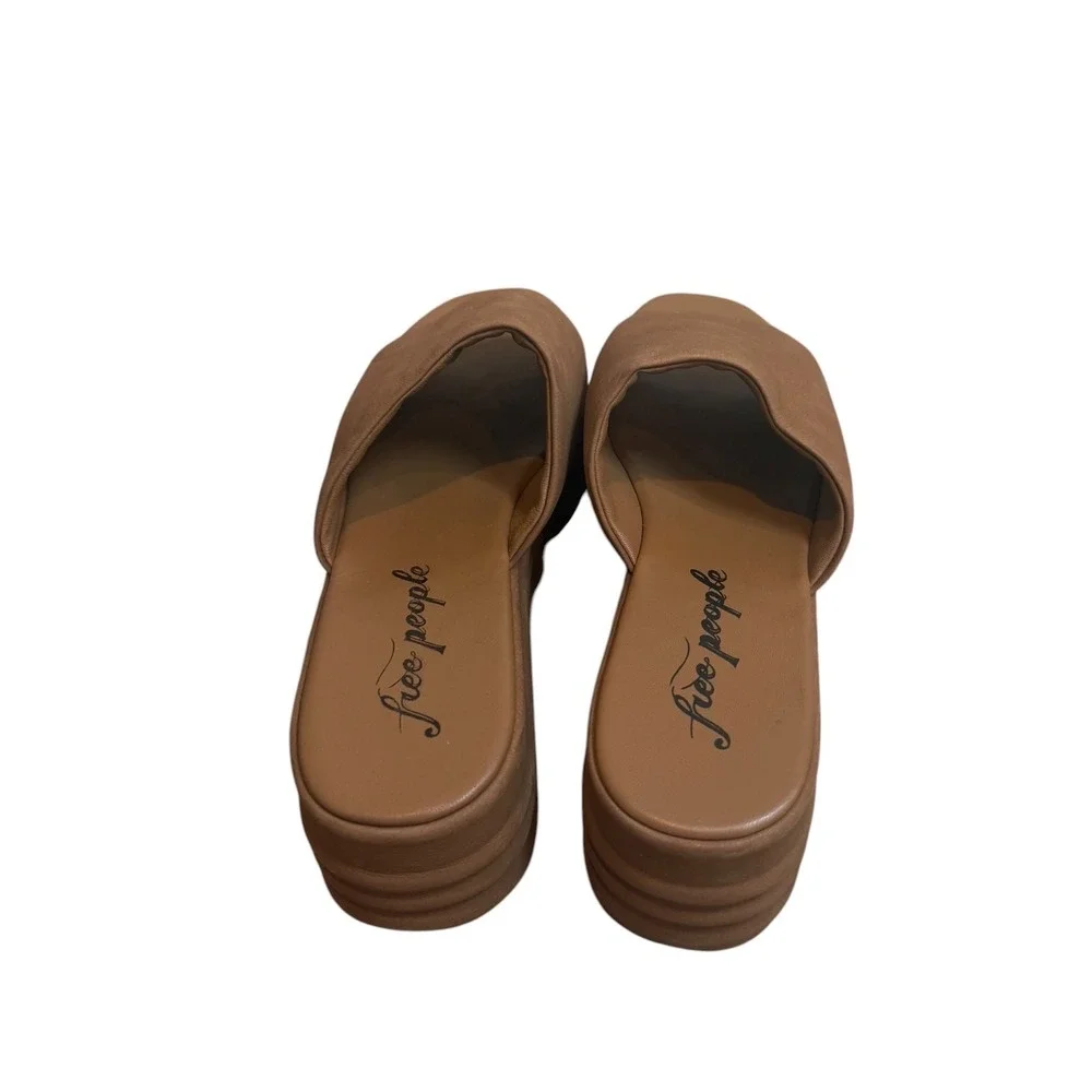 Free People Tan Leather Platform Slide Sandals Wedge Open Toe Womens 8